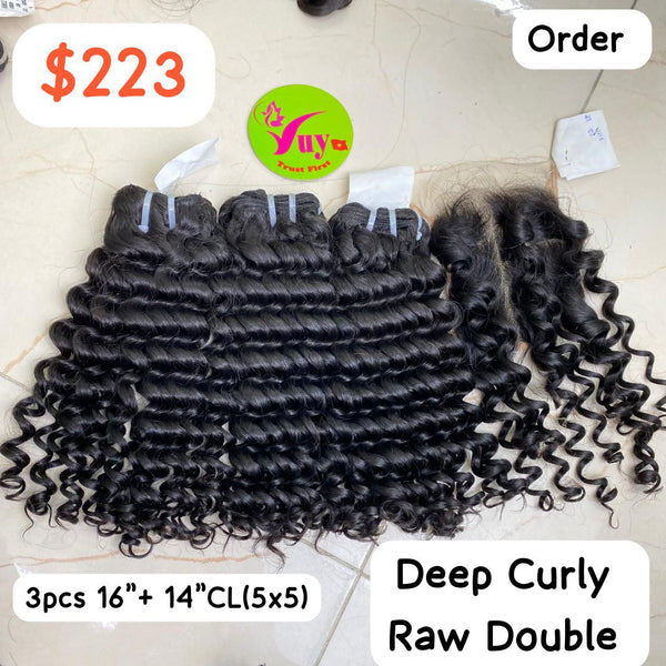 16" 3pcs + 14" Closure 5x5 Deep Curly Raw Dobule
