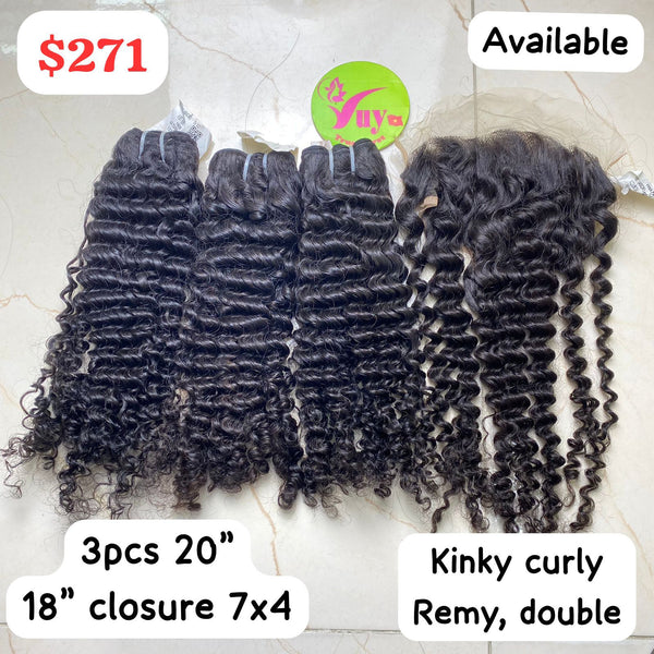 3pcs 20" + 18" Closure 7x4 Kinky Curly Remy Double