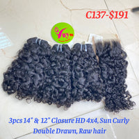 3pcs 14" & 12" Closure HD Lace 4x4 Sun Curly, Double Drawn, Raw hair (C137)