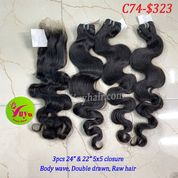 3pcs 24" and 22" 5x5 Closure Body Wave, Double Drawn, Raw hair (C74)