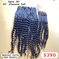 3pcs 30" and 22" Closure 5x5 Special Curly, Double Drawn, Raw hair (R90)