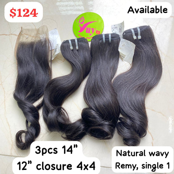 3pcs 14" + 12" Closure 4x4 Natural Wavy