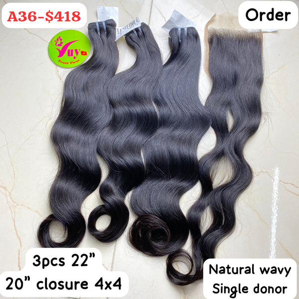 3pcs 22" + 20" Closure 4x4 Natural Wavy (A36)