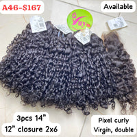 14" 3pcs + 12" Closure 2x6 Pixel Curly (A46)