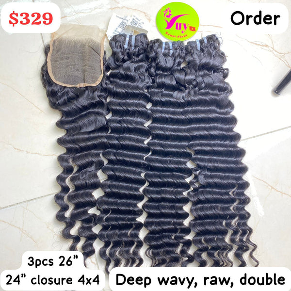 3 pcs 26" + 24" Closure 4x4 Deep Wavy Raw Double