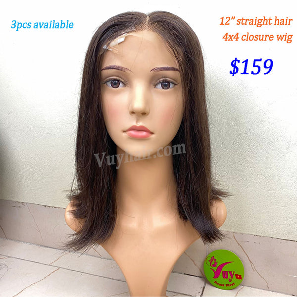 12" 4x4 closure wig raw hair, straight