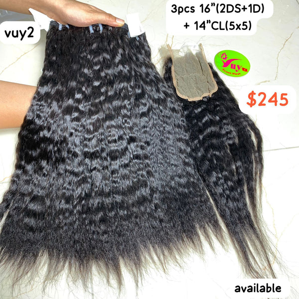 3pcs 16"+14" Closure 5x5 Yaki Straight