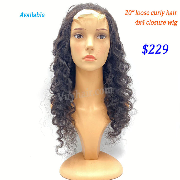 20" 4x4 closure wig raw hair, loose curly