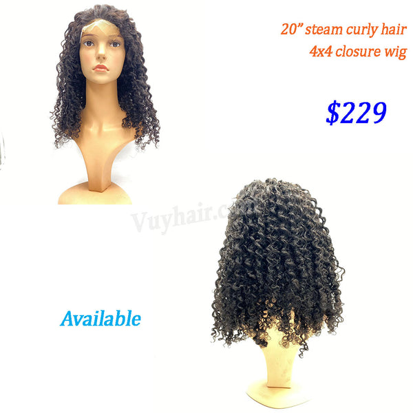 20" 4x4 closure wig raw hair, steam curly
