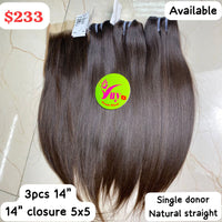 3pcs 14" + 14" Closure 4x5 Single Donor Natural Straight