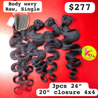 3pcs 24" & 20" Closure 4x4 Body Wavy , Single Drawn, Raw hair (R118)