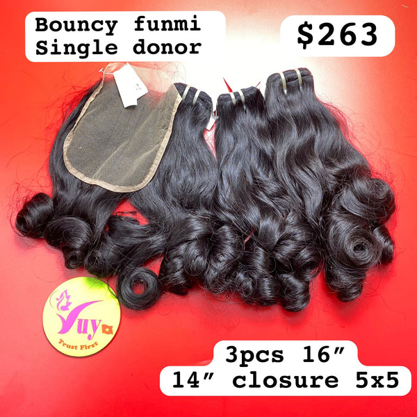 3pcs 16" aand 14" Closure 5x5 Bouncy Funmi, Donor 80, Single Donor hair (R132)