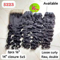 3pcs 16" +14"Closure 5x5 Loose Curly Raw Double