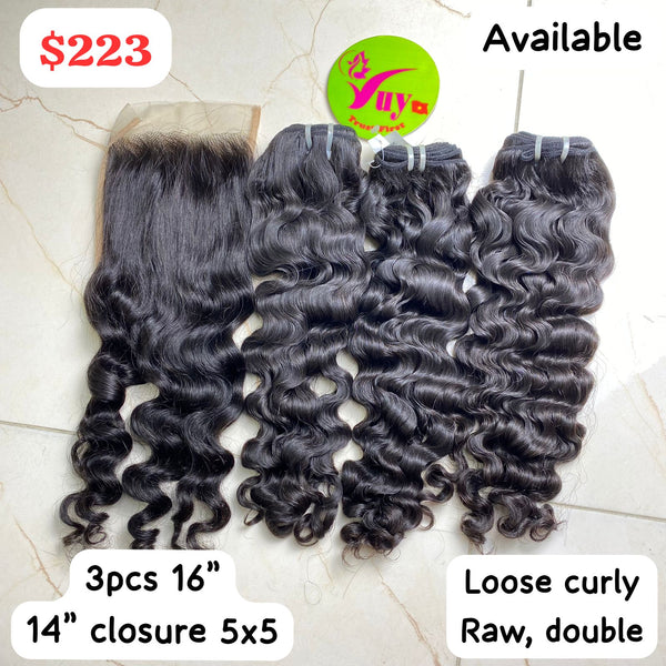 3pcs 16" +14"Closure 5x5 Loose Curly Raw Double