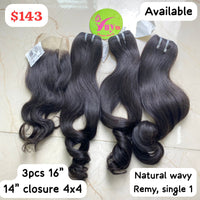 16" 3pcs + 14" Closure 4x4 natural Wavy Remy Single1