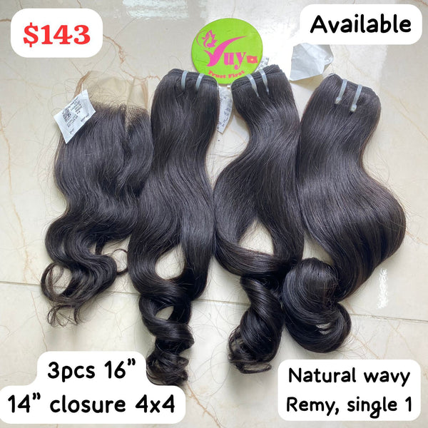 16" 3pcs + 14" Closure 4x4 natural Wavy Remy Single1