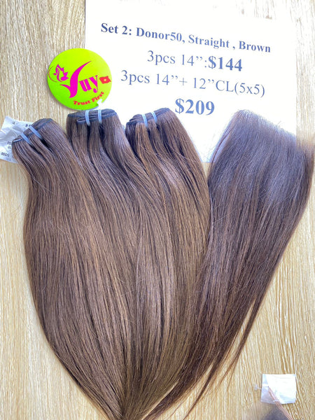 3pcs 14" + 12" Closure 5x5 Donor 50 Straight Brown
