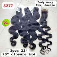 3pcs 22" + 20" Closure 4x4 Body Wavy Raw Double