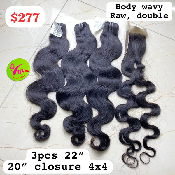 3pcs 22" + 20" Closure 4x4 Body Wavy Raw Double