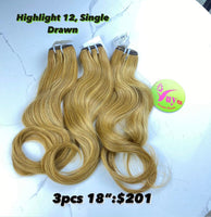 3pcs 18" Natural Wavy Highlight 12, Single Drawn, Raw hair (R73)