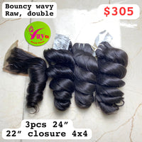3 pcs 24" + 22" closure 4x4  Bouncy Wavy Raw Double