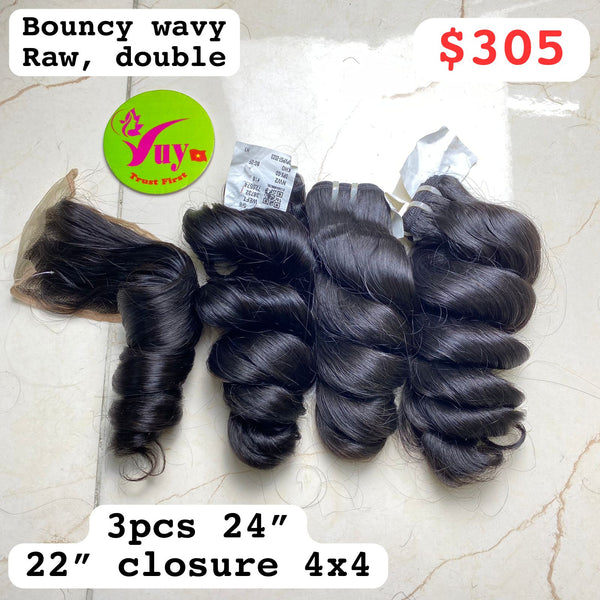 3 pcs 24" + 22" closure 4x4  Bouncy Wavy Raw Double