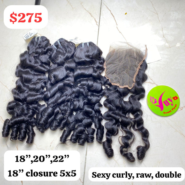 18" 20" 22" +18" Closure 5x5 Sexy Curly Raw Double