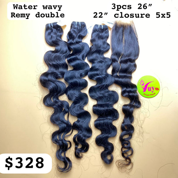 3pcs 26" and 22" Closure 5x5 Water Wavy, Double Drawn, Remy hair (R89)