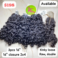 16 " 3pcs + 16" Closure 2x4 Kinky Loose Raw Double