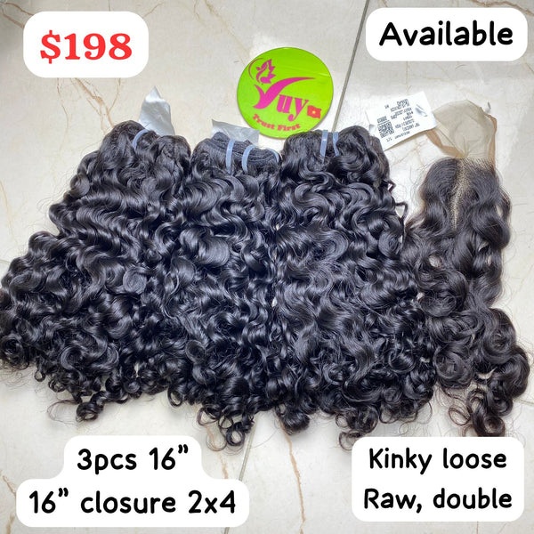 16 " 3pcs + 16" Closure 2x4 Kinky Loose Raw Double