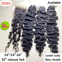 24" 24" 26"+ 20" closure 5x5 Loose Curly&nbsp; Raw Double
