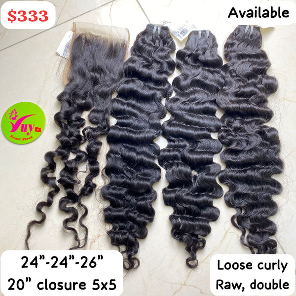 24" 24" 26"+ 20" closure 5x5 Loose Curly&nbsp; Raw Double