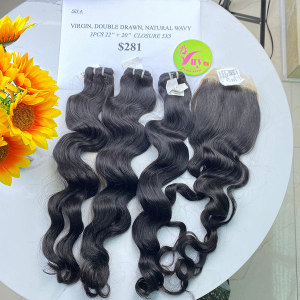 3pcs 22" + 20" Closure 5x5 Virgin Double Drawn Natural Wavy