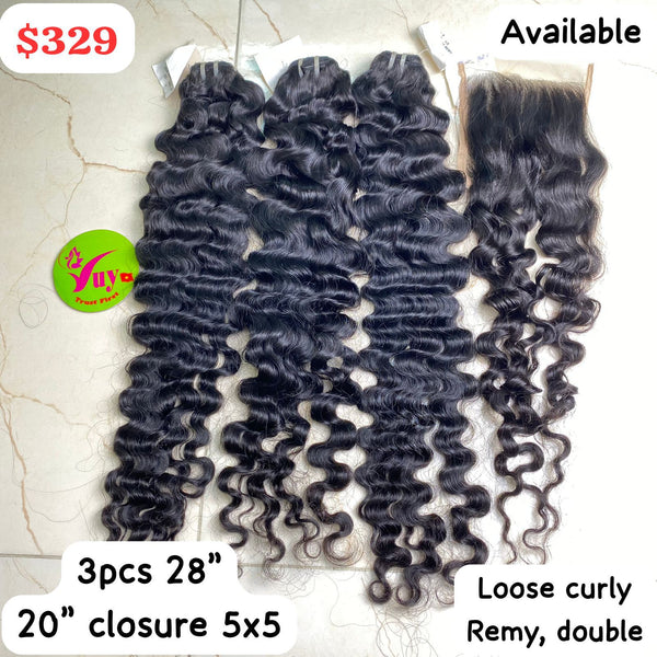 3pcs 28" + 20" Closure 5x5 Loose Curly Remy Double