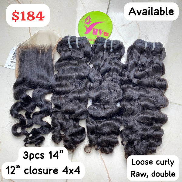 14" 3pcs +12" Closure 4x4 Loose Curly Raw Double