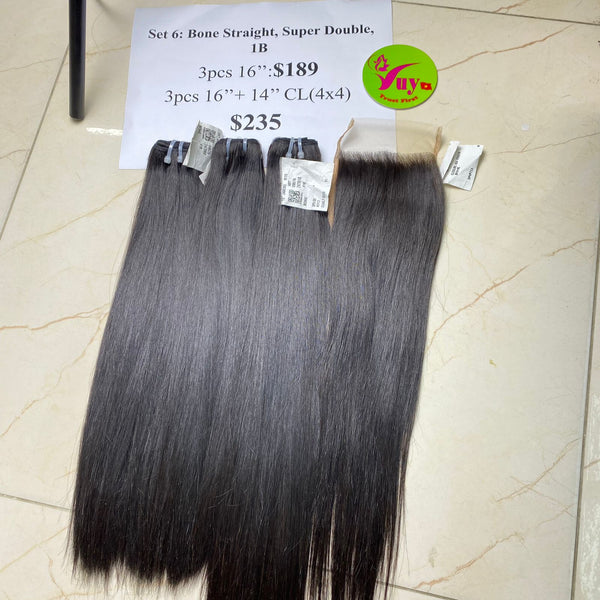3pcs 16" +14" Closure 4x4 Bone Straight Supper Double 1B