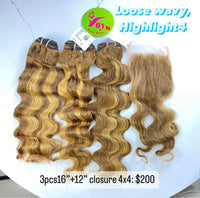 3pcs 16"& 12" Closure 4x4 Loose Wavy, Highlight 4, Double Drawn, Raw hair (BF10)