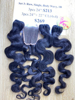 3pcs 24" + 22" Closure 4x4 Raw Single Body Wavy 1B