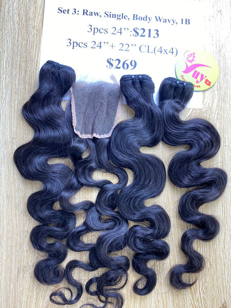 3pcs 24" + 22" Closure 4x4 Raw Single Body Wavy 1B