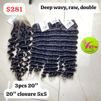 3pcs 20" +20" Closure 5x5 Deep Wavy Raw Double
