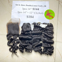 3pcs 14" + 12" Closure 6x6 Raw Double Loose Curly 1b