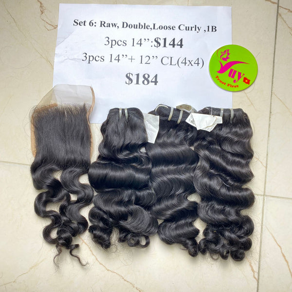 3pcs 14" + 12" Closure 6x6 Raw Double Loose Curly 1b