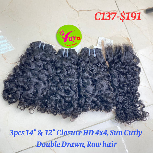 3pcs 14" & 12" Closure HD Lace 4x4 Sun Curly, Double Drawn, Raw hair (C137)