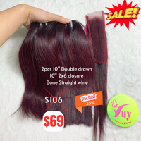 2pcs 10" and 10" 2x6 closure Bone straight double drawn wine color hair