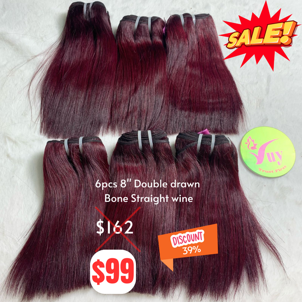 6pcs 8" Bone straight double drawn wine color hair