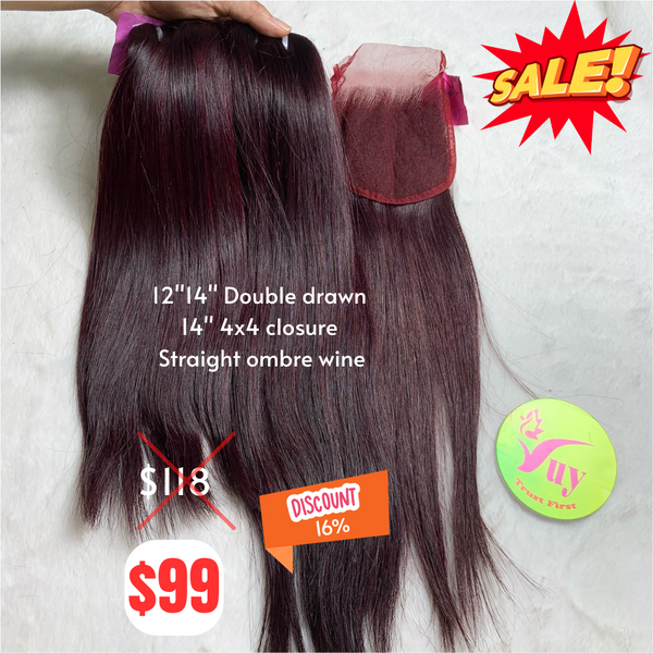 12"14" and 14" 4x4 closure Straight double drawn ombre wine color hair