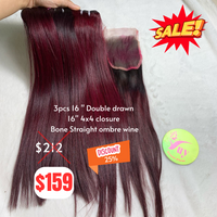 3pcs 16" and 16" 4x4 closure Bone straight double drawn ombre wine color hair