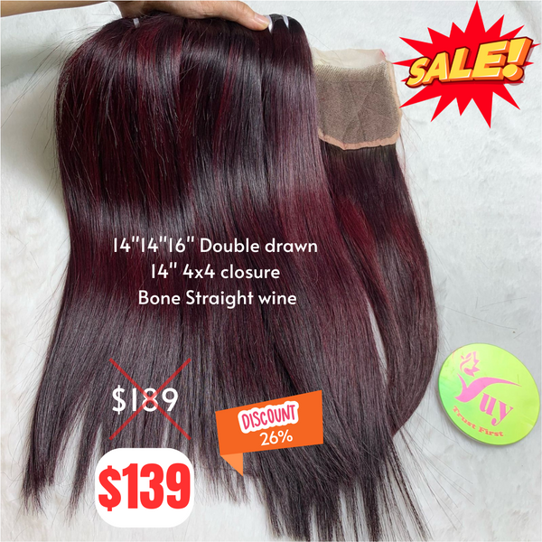 14"14"16" and 14" 4x4 closure Bone straight double drawn wine color hair