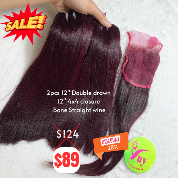 2pcs 12" and 12" 4x4 closure Bone straight double drawn wine color hair