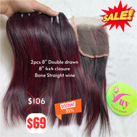 2pcs 8" and 8" 4x4 closure Bone straight double drawn wine color hair